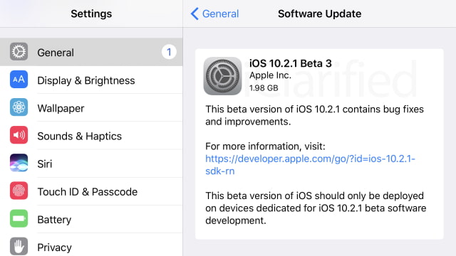 Apple Releases iOS 10.2.1 Beta 3 to Developers [Download]