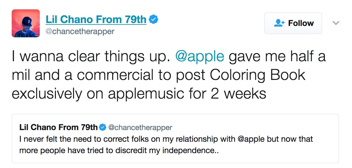 Chance the Rapper Reveals Apple Paid Him $500,000 for a Two Week Exclusive