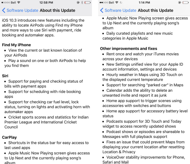Here is the Full Changelog for iOS 10.3