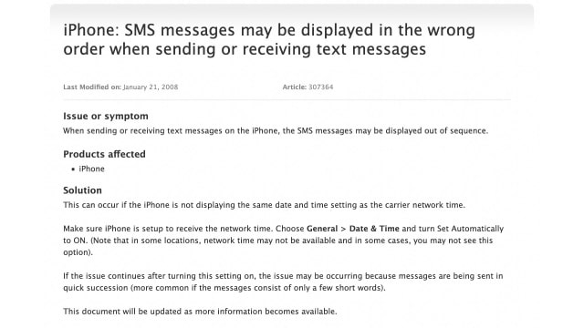 Apple Acknowledges SMS Messages Out of Order