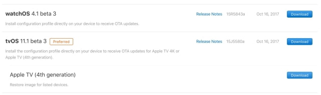 Apple Seeds tvOS 11.1 Beta 3 and watchOS 4.1 Beta 3 to Developers [Download]