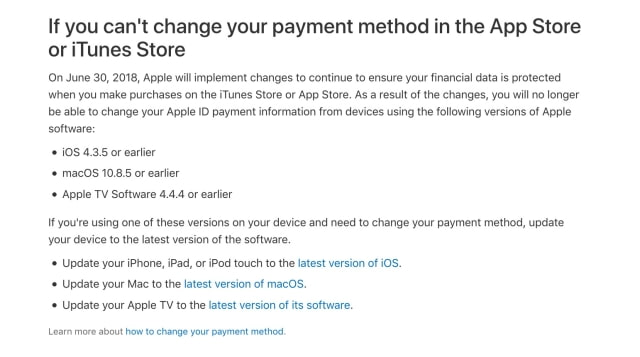 Users Running Old Apple Software Will Soon Need to Upgrade to Change Their Payment Information