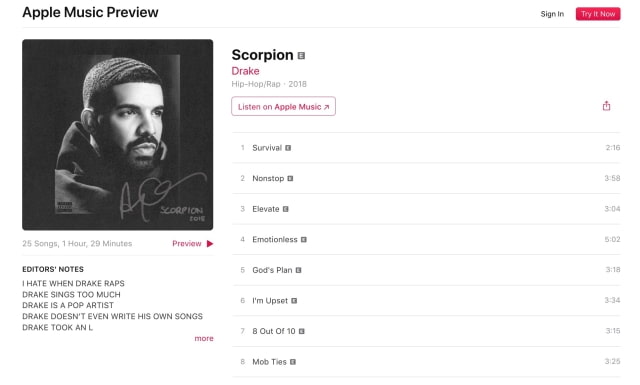 Drake Destroys Apple Music Single-Day Streaming Record With Scorpion