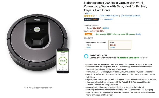 iRobot Roomba 960 Robot Vacuum with Wi-Fi On Sale for 40% Off [Deal]