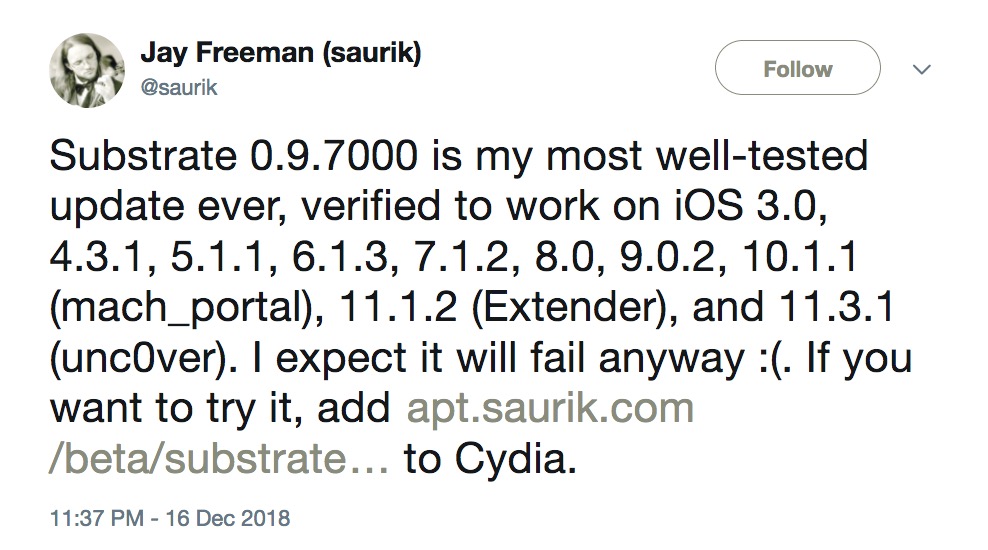 Saurik Releases Cydia Substrate for iOS 11.1.2 and iOS 11.3.1