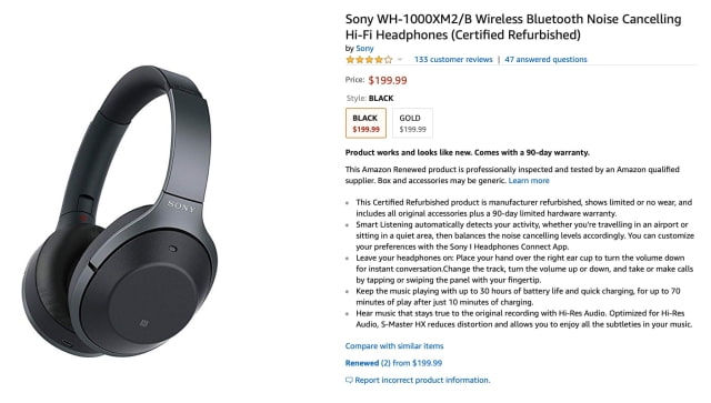 Refurbished Sony WH-1000XM2/B Wireless Noise Cancelling Headphones On Sale for $199 [$150 Off]