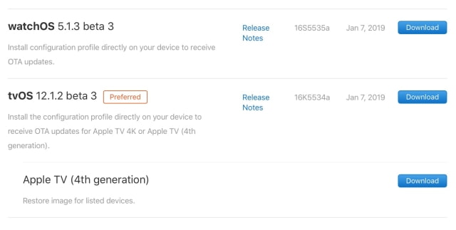Apple Seeds tvOS 12.1.2 Beta 3 and watchOS 5.1.3 Beta 3 to Developers [Download]