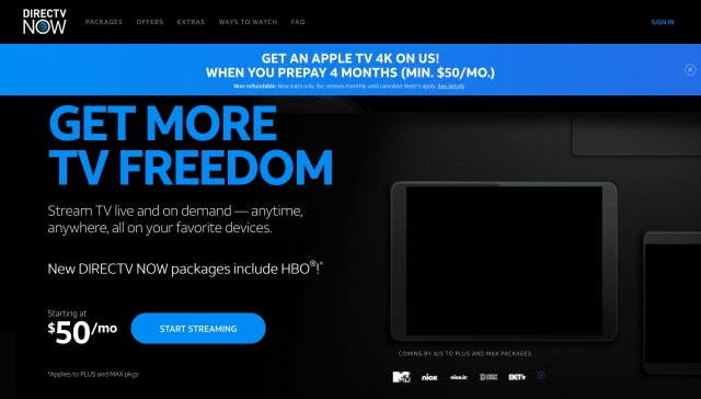 AT&amp;T Offers Free Apple TV 4K With Four Months of DirecTV Now