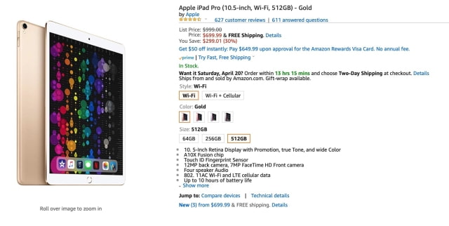 Amazon Drops Price of 512GB 10.5-inch iPad Pro By $299 [Deal]
