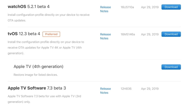 Apple Seeds tvOS 12.3 Beta 4 and watchOS 5.2.1 Beta 4 to Developers [Download]