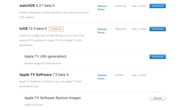 Apple Seeds tvOS 12.3 Beta 5 and watchOS 5.2.1 Beta 5 to Developers [Download]