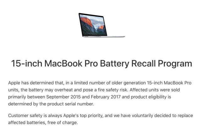 Apple Recalls Select 15-inch MacBook Pros With Battery That Could Overheat