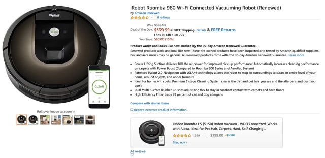 Buy a Refurbished Roomba 980 and Save $380 [Deal]