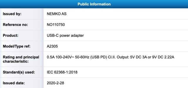 Leaked 20W Apple Power Adapter Spotted in Certification Database