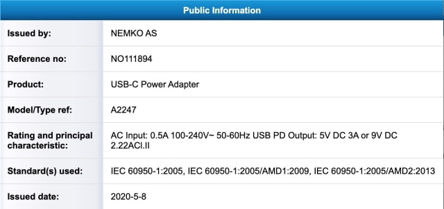 Leaked 20W Apple Power Adapter Spotted in Certification Database