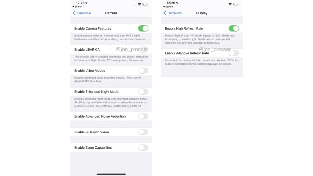 Leaked Screenshots and Video Claim to Show iPhone 12 Pro Max With 120Hz Toggle, LiDAR Settings, More