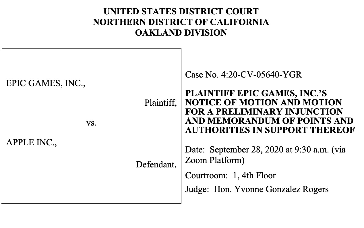 Epic Games Files Motion for Preliminary Injunction Against Apple