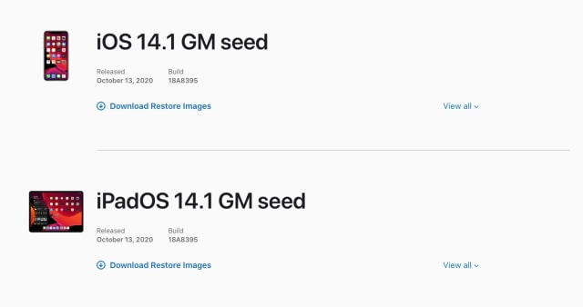 Apple Releases iOS 14.1 GM Seed and iPadOS 14.1 GM Seed to Developers [Download]