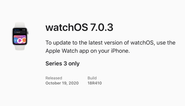 Apple Releases watchOS 7.0.3 for Apple Watch Series 3 to Fix Unexpected Restart