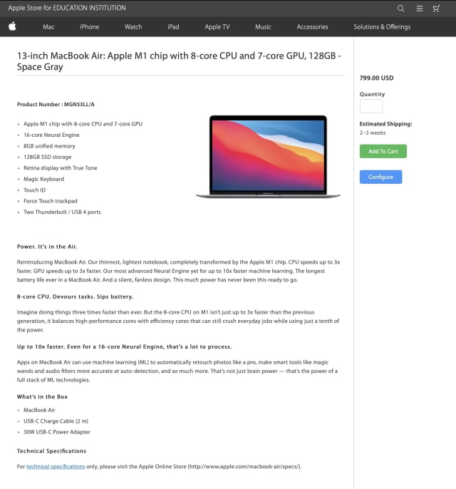 Apple Offers 128GB M1 MacBook Air to Educational Institutions for $799