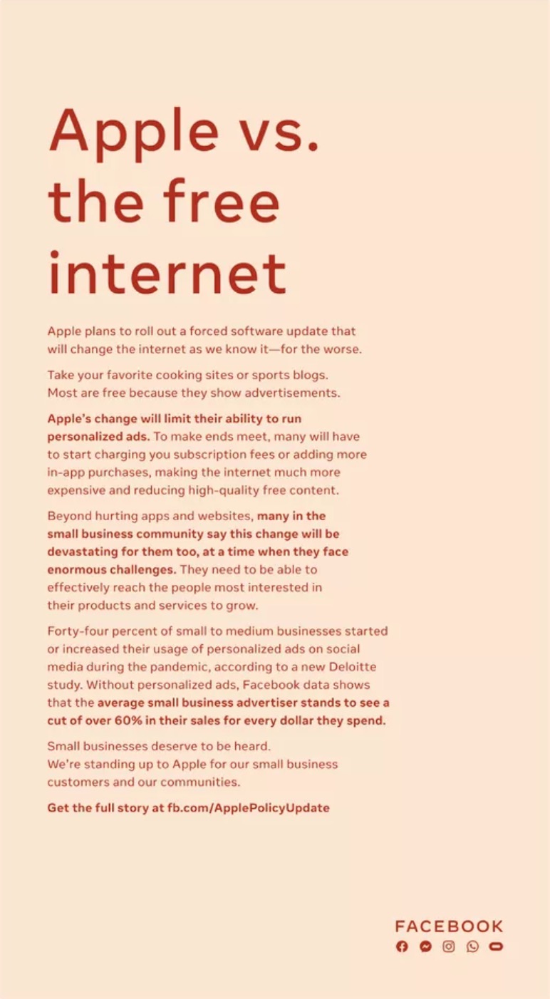 Facebook Takes Out Second Full Page Newspaper Ad Attacking Apple