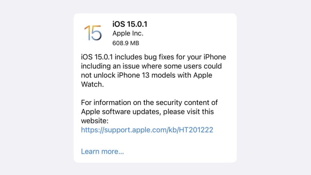 Apple Releases iOS 15.0.1 to Fix iPhone 13 Unlock With Apple Watch