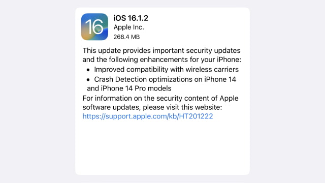 Apple Releases iOS 16.1.2 for iPhone With Improved Crash Detection [Download]
