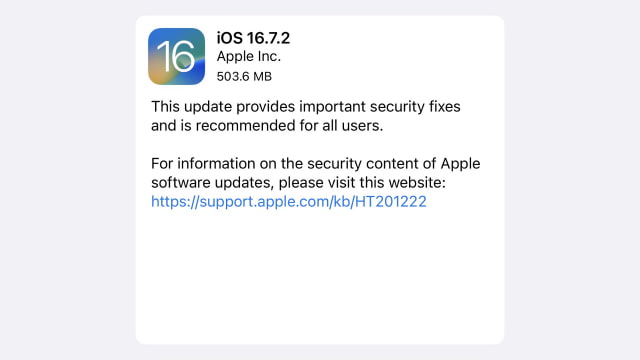 Apple Releases iOS 16.7.2 and iPadOS 16.7.2 for Older Devices [Download]
