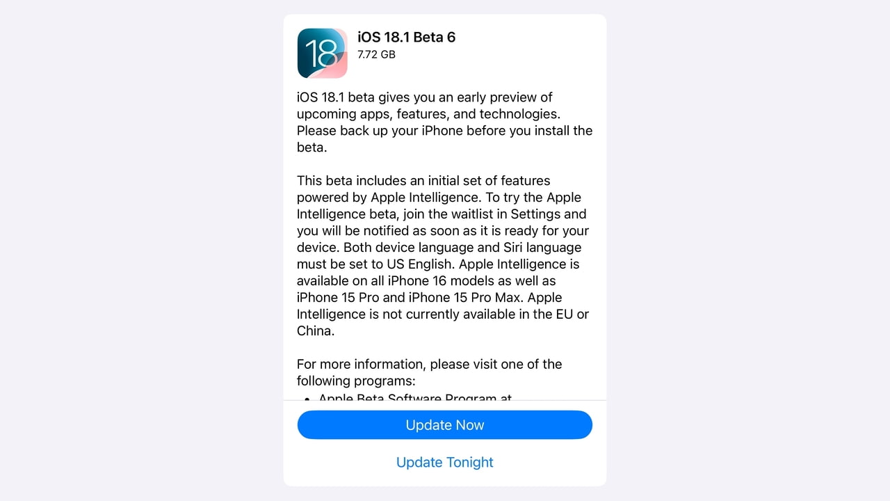 Apple Releases iOS 18.1 Beta 6 and iPadOS 18.1 Beta 6 With Apple ...