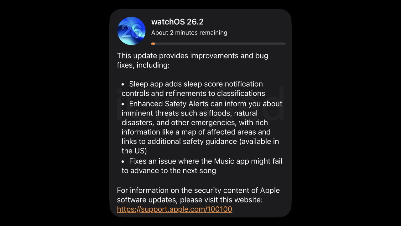 Apple официально выпускает watchOS 26.2 с улучшенными оповещениями о безопасности и новыми функциями для сна [Скачать]