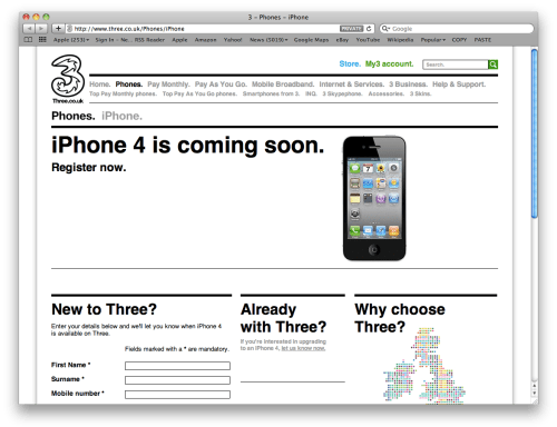 Three Announces It Will Carry iPhone 4 in the UK