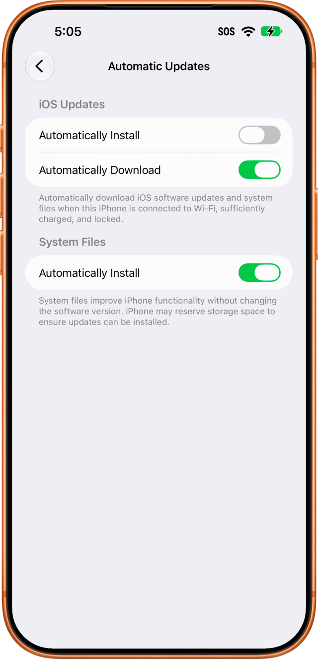 The expanded screen: Automatically Install off, Automatically Download still on, and a separate System Files section