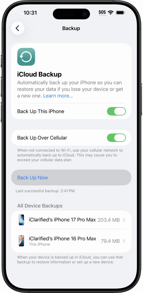Tap Back Up Now on the Backup screen