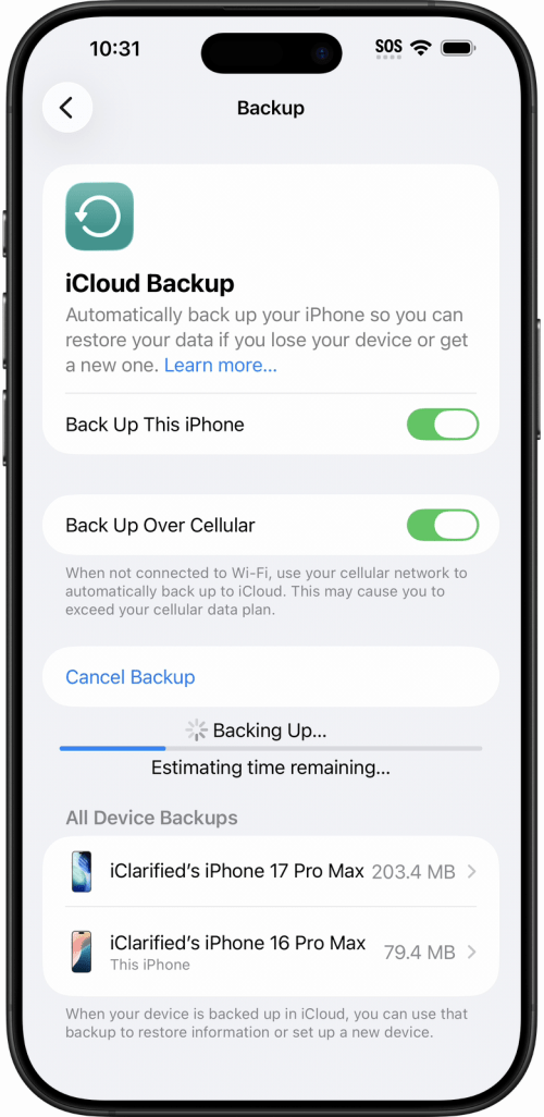 The backup running, with Cancel Backup in place of Back Up Now