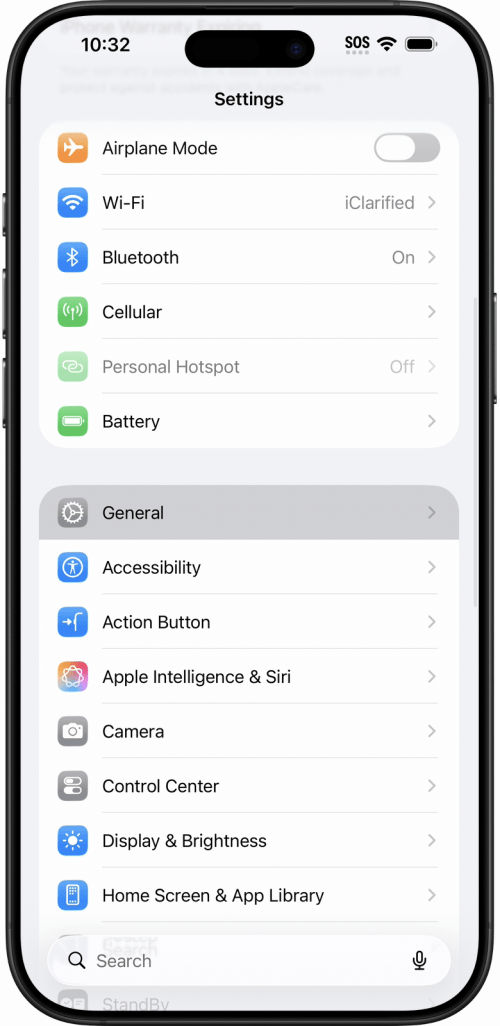 Tap General in Settings, on the way to Software Update