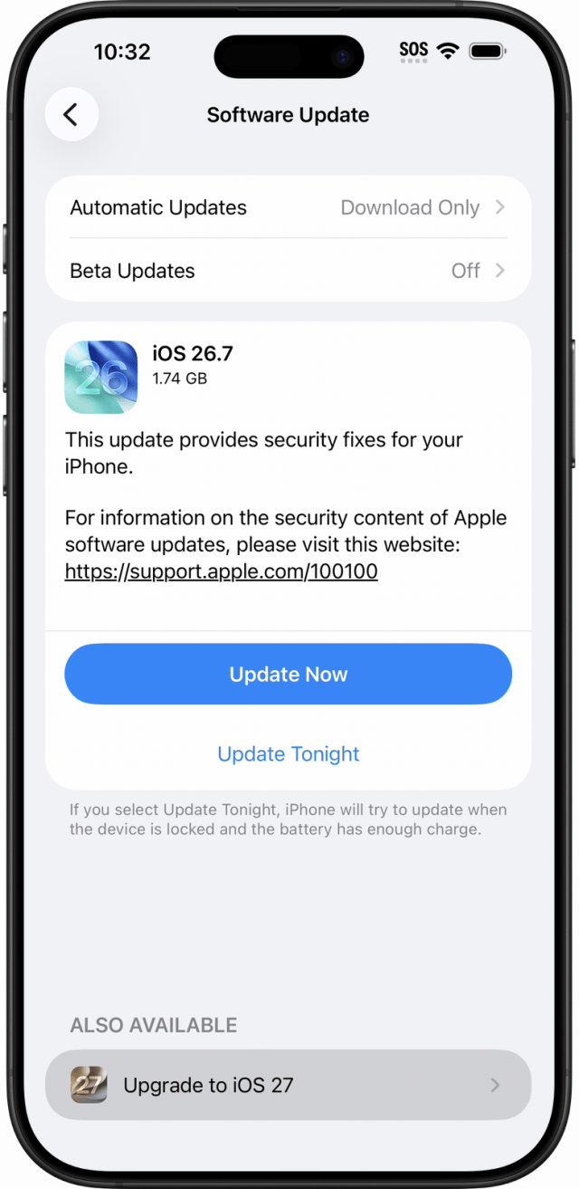 The Software Update screen, with an iOS 26.7 update at the top and Upgrade to iOS 27 below it under Also Available