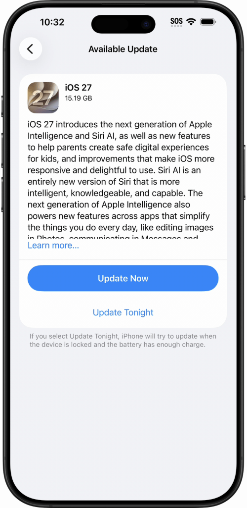 The Available Update screen for iOS 27, with Update Now and Update Tonight