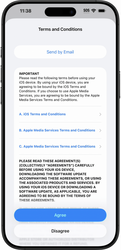 The Terms and Conditions screen, with Agree at the bottom