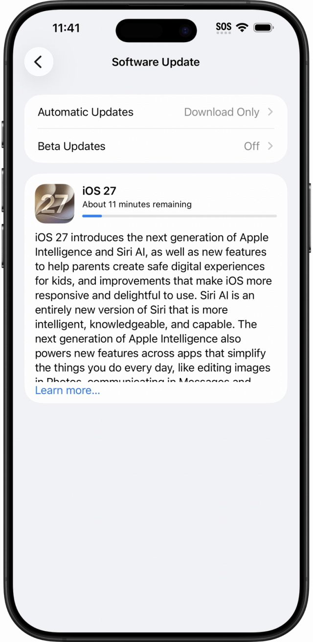 iOS 27 downloading, with about eleven minutes remaining