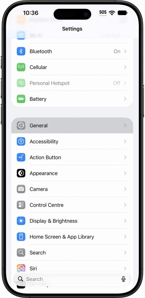 Tap General in Settings, on the way to About