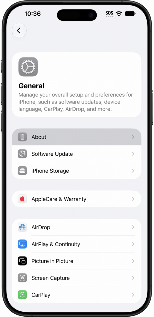 Tap About on the General screen