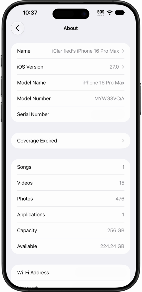 iOS Version 27.0 on the About screen, on an iPhone 16 Pro Max