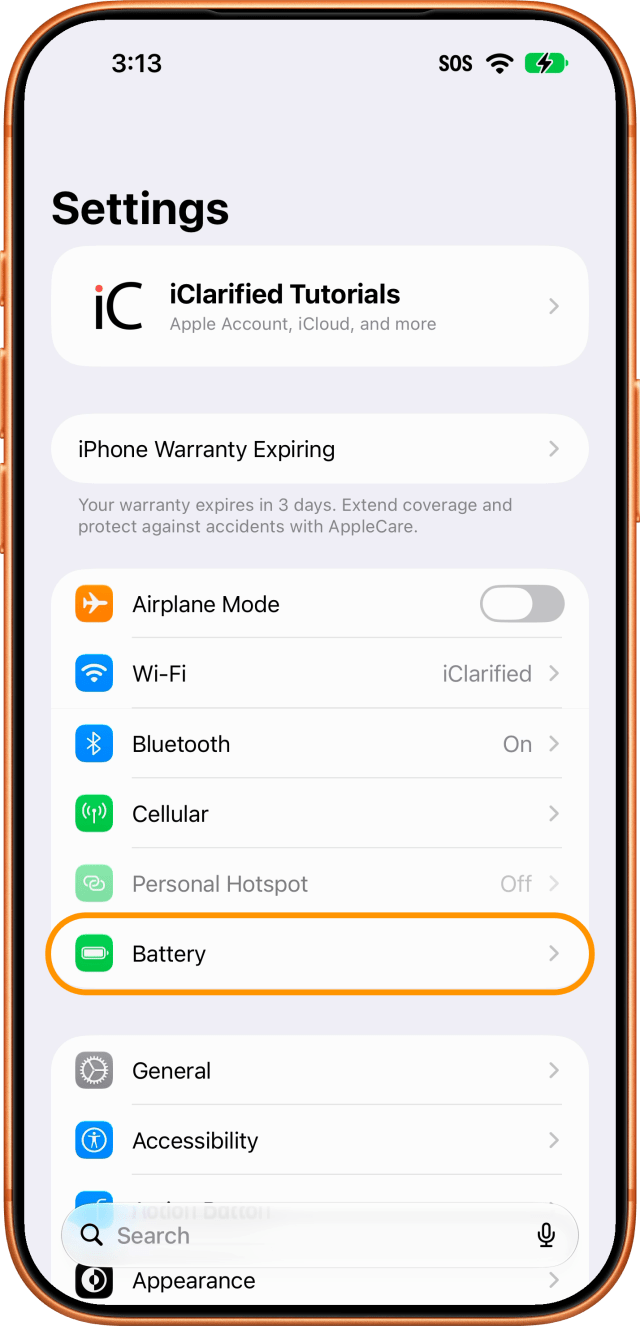 Tap Battery in Settings