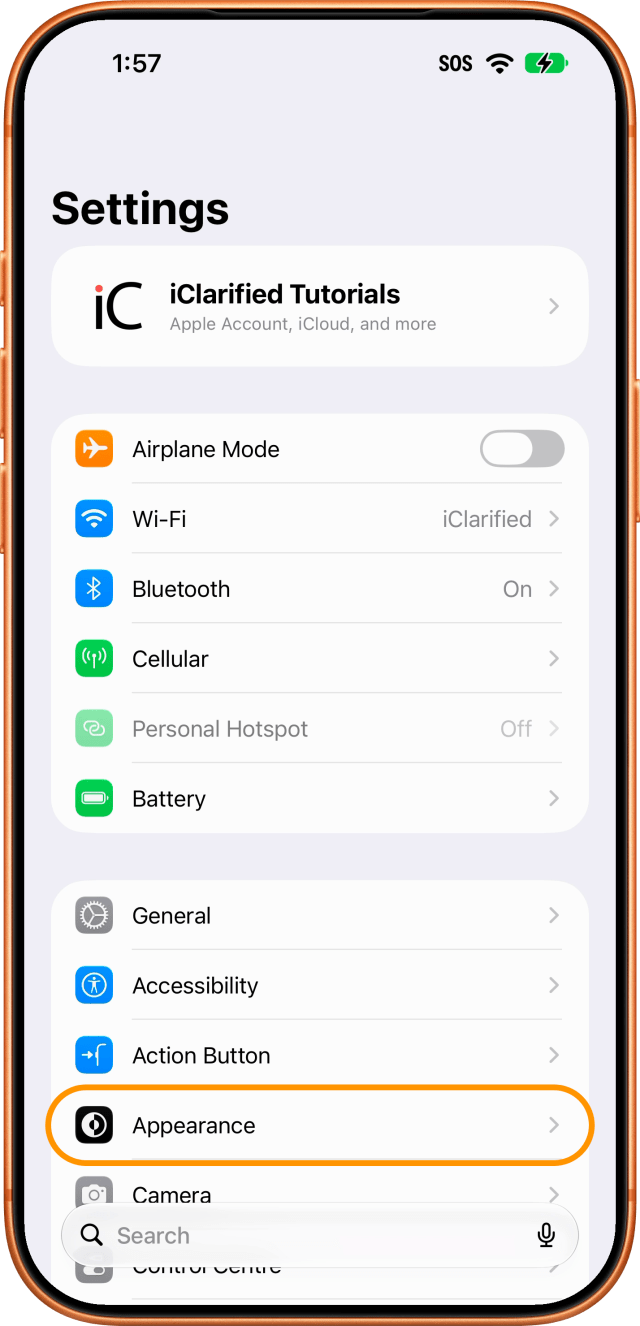 Tap Appearance in Settings