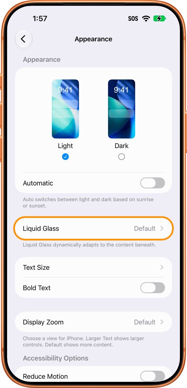Tap Liquid Glass on the Appearance screen