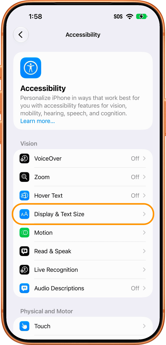Tap Display & Text Size under Vision