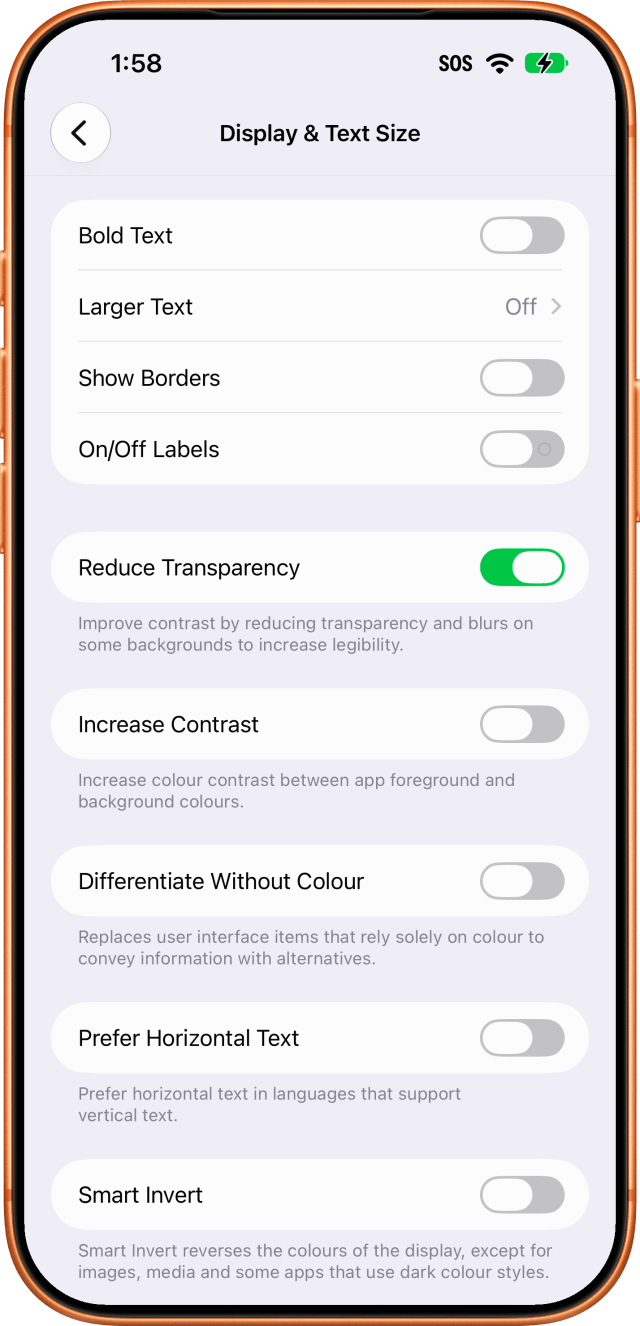 Reduce Transparency on: the back button solid white, a line under the title