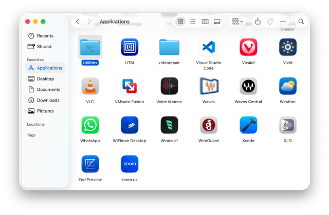 The Applications folder in Finder with the Utilities folder selected