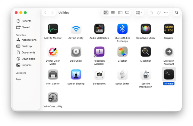 Terminal selected in the Utilities folder