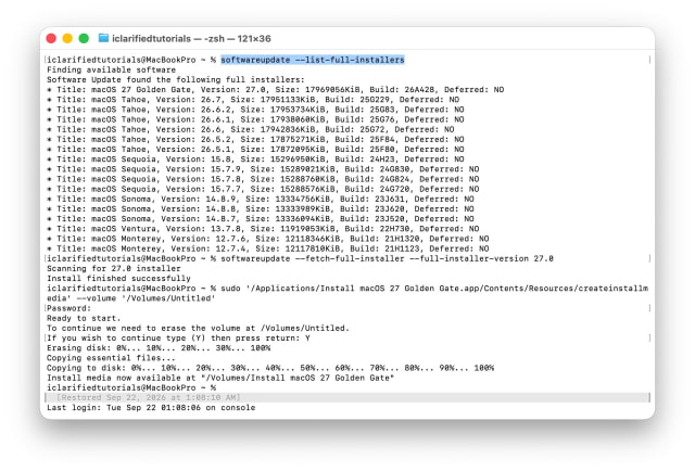 softwareupdate --list-full-installers in Terminal, with macOS 27 Golden Gate 27.0 at the top of the list